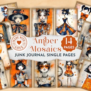 Peut inclure: Ensemble de 14 pages uniques de journal de rebut avec des illustrations de filles en tenues orange, bleu et marron. Les pages ont une esthétique vintage avec les mots "Amber Mosaics" et "Made with Love" sur l'image.