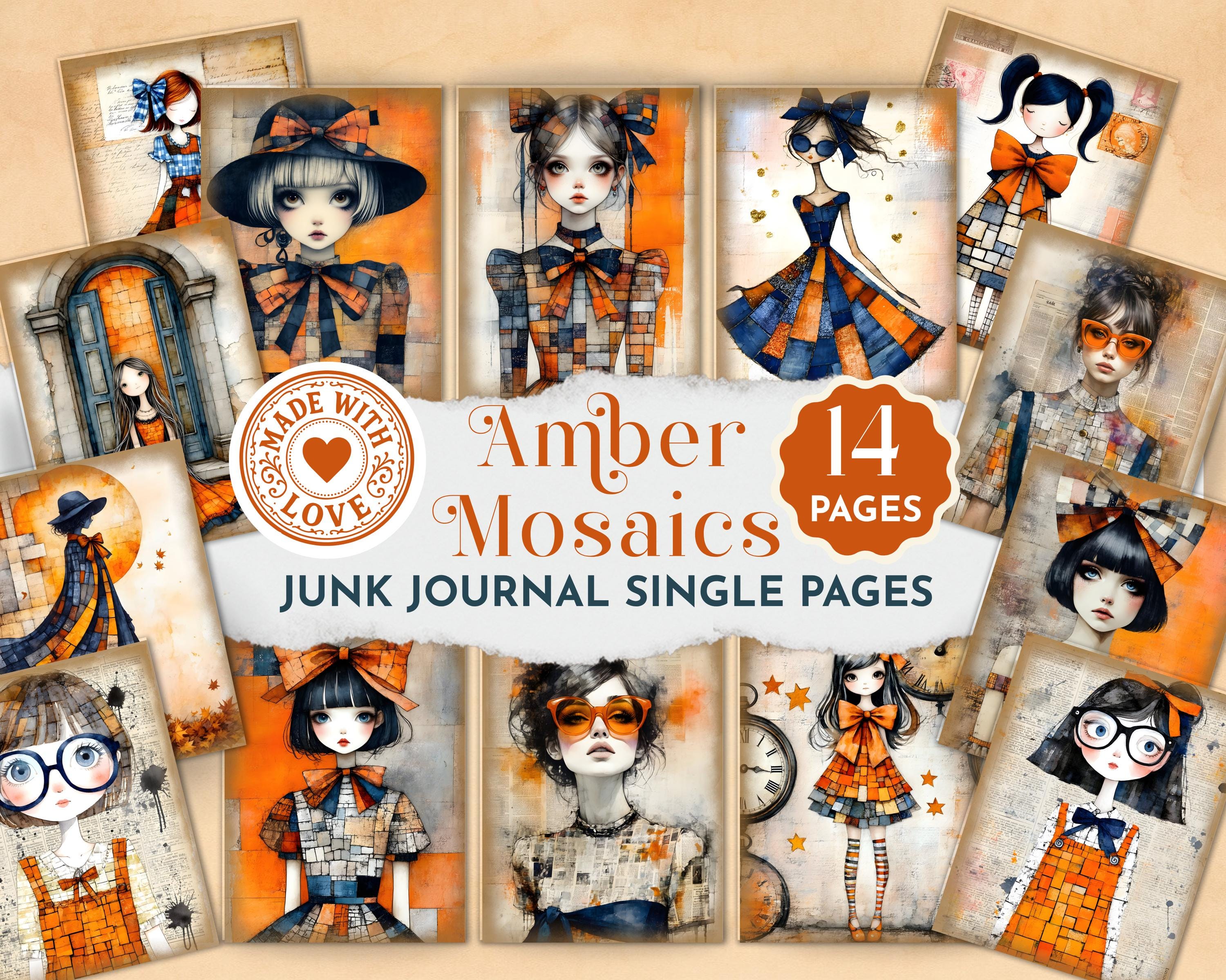 Whimsical Girls Junk Journal Pages Orange and Blue, Amber Mosaics