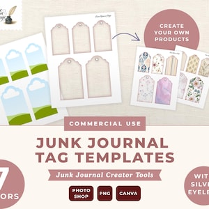 May include: Digital junk journal tag templates featuring seven color variations, including landscape scenes, grid patterns, and floral designs. The set includes printable sheets with silver eyelets, compatible with Photoshop, PNG, and Canva software.