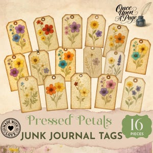 Pressed flower junk journal tags, botanical ephemera printable, vintage floral tags for scrapbooking, nature themed embellishments JJ058