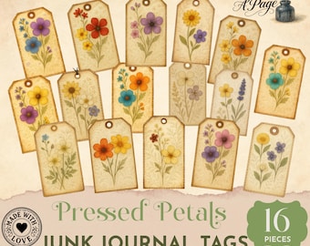 Pressed flower junk journal tags, botanical ephemera printable, vintage floral tags for scrapbooking, nature themed embellishments JJ058