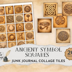 May include: A collection of 20 ancient symbol squares, collage tiles, with various designs including an eye, key, sun, and labyrinth. The text "Ancient Symbol Squares" and "Junk Journal Collage Tiles" are displayed. The overall color scheme is sepia tones.
