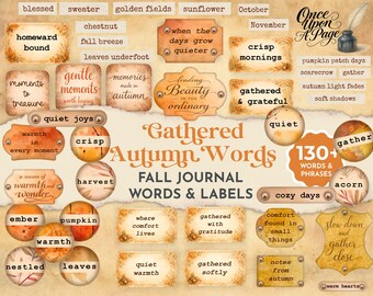 Palabras para diario de otoño, palabras y frases otoñales imprimibles, etiquetas vintage de temporada en tiras y círculos, set de efímeras de cosecha