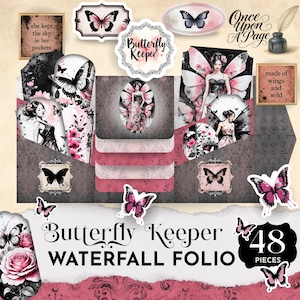 Puede incluir: Un folio cascada de manualidades titulado "Butterfly Keeper" con 48 piezas. El diseño presenta mariposas, elementos florales e ilustraciones de mujeres. La paleta de colores incluye tonos rosas, negros y grises, con elementos de texto como "Once Upon A Page".