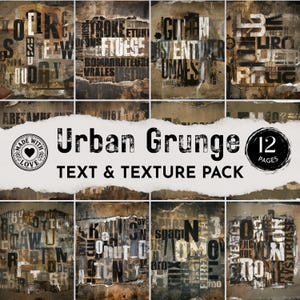 Puede incluir: Un conjunto de 12 páginas de texto y textura de estilo grunge urbano. El diseño presenta papel rasgado con texto superpuesto y elementos desgastados en tonos marrones, negros y blancos. Las palabras "Urban Grunge" y "Text & Texture Pack" se muestran de forma destacada.