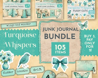 Junk Journal Bundle Kit Turquoise Whispers, Printable Ephemera Pack, Mini Journal, Butterfly Vintage Pages & Fussy Cuts, Collage Paper JJ030