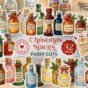 Puede incluir: Un conjunto de 32 pegatinas de botellas con temática navideña, con etiquetas como "Elf Tonic" y "Gingerbread Juice". Las botellas son de diferentes colores y formas, con corchos y elementos decorativos. También está presente el texto "Christmas Spirits".