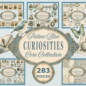 May include: A digital scrapbooking kit titled Patina Blue CURIOSITIES Core Collection containing 283 pieces. The set features vintage-style illustrations of blue birds, butterflies, clocks, keys, envelopes, and floral patterns in shades of blue and cream.