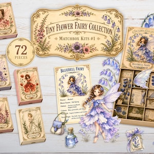 May include: A Tiny Flower Fairy Collection matchbox kit set featuring 72 pieces. Includes multiple small boxes with fairy illustrations, a Bluebell Fairy information card, a fairy figurine, a miniature bag, a glass bottle, and floral accents.
