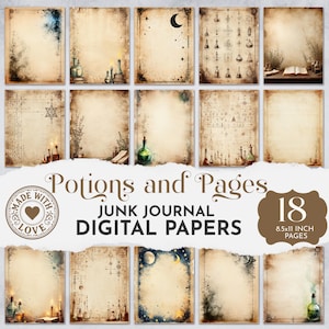 May include: A collection of 18 digital papers with a vintage, aged aesthetic. The papers feature a parchment-like texture with illustrations of potions, candles, and celestial elements. The text reads "Potions and Pages" and "Junk Journal Digital Papers", each page is 8.5x11 inches.