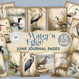 May include: A collection of 15 vintage-style junk journal pages featuring watercolor illustrations of various birds in their natural habitats. The pages have a distressed, aged appearance with the text "Water's Edge" and "Junk Journal Pages".
