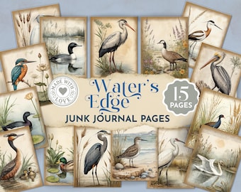 Bird Themed Junk Journal, Bird Watching Junk Journal Pages, Water’s Edge Digital Papers, Swan Duck Goose Heron Scrapbook Kit JJ089