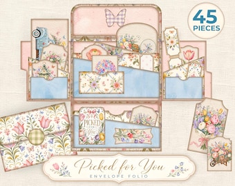 Carpeta plegable para diario creativo digital, carpeta imprimible para diario creativo con sobre, kit floral digital seleccionado para ti, efímeros de jardín vintage