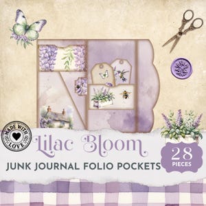 Kit de folio vintage para diario basura, inserto de diario con flores lilas, efímera vintage lila, bolsillos y etiquetas con flores de glicina, colibrí JPG JJ022