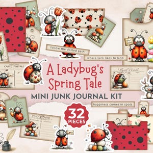 Kit Mini para Diário de Arte com Joaninhas, Recortes e Enfeites Decorativos de Primavera e Páscoa, Cartões de Diário com Insetos Fofos para Imprimir, Estampa de Joaninha Sem Costura JJ124
