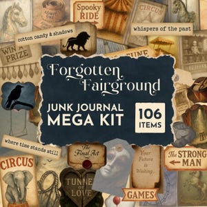 Forgotten Fairgrounds Junk Journal Kit Bundle, Vintage Circus Ephemera Pack, Tags Cards, Printable Mega Kit, scrapbook Pages Word art JJ001