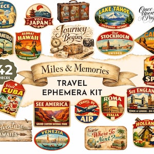 Op de afbeelding: Een verzameling van 42 vintage reis-ephemera stukken. De set bevat stickers en labels met bestemmingen zoals Griekenland, Japan, Hawaï en Cuba. Het ontwerp heeft een verweerde uitstraling met tekst als "Miles & Memories" en "Adventure Awaits".