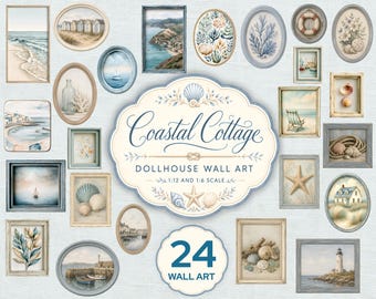 Láminas decorativas para casa de muñecas, juego de galería costera en miniatura, paquete de láminas enmarcadas, colección de casas de campo costeras, escalas 1:12 y 1:6 JJ149