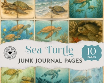 Watercolor Sea Turtle Junk Journal Pages, Ocean Animal Digital Papers, Sea Life Collage Backgrounds, Coastal Beach Scrapbook Kit JJ050