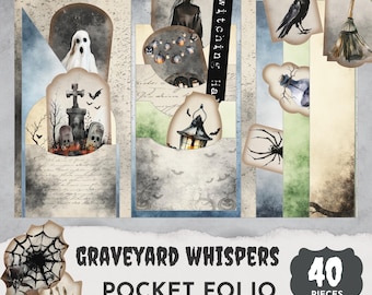 May include: A Graveyard Whispers pocket folio set with 40 pieces featuring Halloween imagery including a ghost, witch, raven, broom, lantern, spider, and tombstones. The collection includes various die-cut tags and paper elements with text.