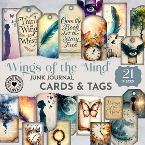 May include: A collection of 21 junk journal cards and tags with a vintage aesthetic. The tags feature illustrations of butterflies, feathers, clocks, and celestial elements. The text includes "Wings of the Mind" and "Open the Book Set the Story Free."