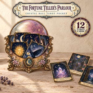 May include: The Fortune Teller's Parlour Crystal Ball Tarot Pocket set includes a decorative holder with a crescent moon emblem, a crystal ball, and 12 tarot cards featuring celestial, floral, and mystical illustrations like a sun, raven, and garden.