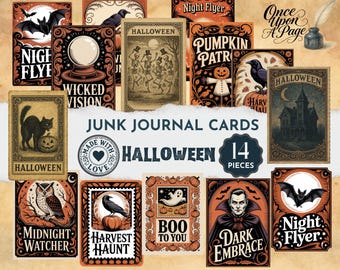 May include: A collection of 14 rectangular Halloween junk journal cards featuring vintage-style illustrations of bats, skeletons, pumpkins, a black cat, an owl, a ghost, and a vampire, with text including Night Flyer, Wicked Vision, and Boo To You.
