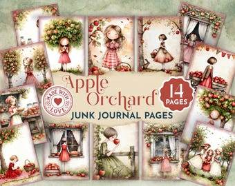 Apple Orchard Days Junk Journal Pages, Vintage Apple Girl Printable Kit, Farmhouse Autumn Ephemera, Rustic Cottagecore Backgrounds JJ100