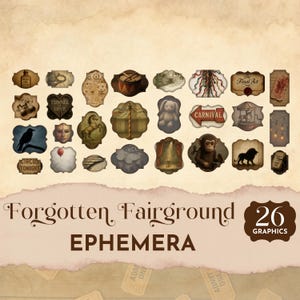 Efímeras de la Feria Olvidada, Kit de Diario de Circo Oscuro, Etiquetas y Rótulos de Carnaval Vintage, Hojas de Collage de Circo Escalofriante, Imprimible JJ001