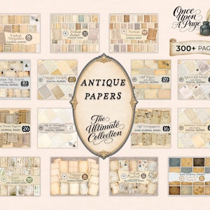 Puede incluir: Una variedad de paquetes de papel digital con estética vintage. La imagen presenta varias colecciones etiquetadas como "Faded Melodies", "Vintage Dictionary", "Antique Ink Traces" y "Old Newspapers". El elemento central del diseño dice "Antique Papers: The Ultimate Collection".