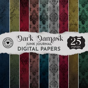 Dark Damask Printable Papers, Gothic Junk Journal Backgrounds, Vintage Moody Grunge Texture Pack, Digital Scrapbook Halloween Ephemera Set