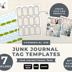 May include: Digital junk journal tag templates featuring seven color variations, including sky and landscape patterns, textured backgrounds, and vintage-style prints. The sheets include pre-punched silver eyelets and are compatible with Photoshop, PNG, and Canva.