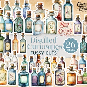 Puede incluir: Un conjunto de 26 pegatinas de botellas estilo acuarela con tapones de corcho. Las botellas son de varios colores, incluyendo azul, verde y morado, y algunas presentan diseños florales y etiquetas. También se ve el texto "Distilled Curiosities" y "Sip with Caution".