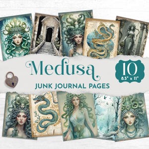 Kit de páginas para diario basura de Medusa, imprimibles para diario de serpientes, papel digital de criaturas míticas de la Antigua Grecia, scrapbooking de la diosa Medusa JJ005