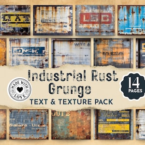 Op de afbeelding: Een verzameling rechthoekige metalen texturen met roest en vervaagde verf. De afbeelding bevat de tekst "Industrial Rust Grunge TEXT & TEXTURE PACK" en een badge met "Made with Love". Een badge geeft "14 PAGES" aan.
