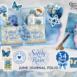 May include: A junk journal folio with a blue and white watercolor theme. The set includes decorative elements such as butterflies, stamps, and floral accents. The text on the journal reads "Falling Into Calm" and "Whispers in Rain". The set contains 34 pieces.