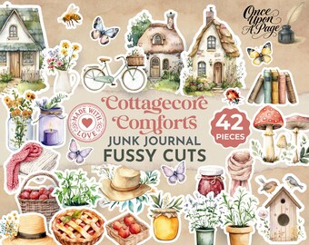 Dziennik z rustykalnymi drobiazgami, efemerydy Cottagecore, rustykalne kliparty domowe, przytulne, vintage'owe wydruki
