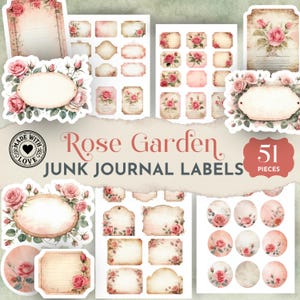 Rose Garden Junk Journal Labels, Printable Floral Tags and Frames, Vintage Ephemera Set, Soft Pink Roses Labels Pack, Collage Kit JJ051