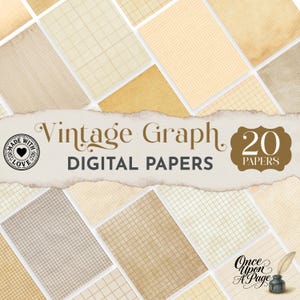 May include: A collection of 20 digital papers with a vintage graph paper design. The papers feature a grid pattern in various shades of beige and brown, with a distressed, aged appearance. The text "Vintage Graph Digital Papers" is displayed.