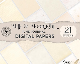 Puede incluir: Una colección de 21 papeles digitales para diarios creativos titulada Milk & Moonlight. Los papeles presentan diversas texturas en color crema y blanco roto, incluyendo patrones de cuadrícula, motivos florales y estilos de pergamino.