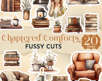 May include: A collection of 20 die-cut stickers featuring illustrations of stacks of books, potted plants, a person with glasses, a lantern, coffee mugs, and armchairs. The text reads Chaptered Comforts FUSSY CUTS 20 PIECES in brown and black.