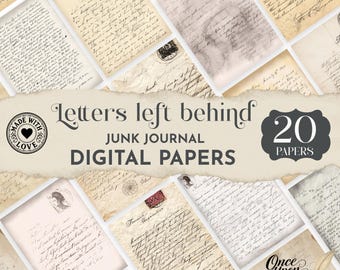 May include: A collection of 20 digital papers featuring vintage-style handwritten letters, cursive script, aged parchment textures, and postal stamps. The central banner displays the text Letters left behind JUNK JOURNAL DIGITAL PAPERS.