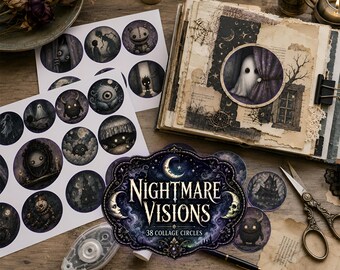 Dibujos digitales de Halloween para recortar, imprimibles, para álbumes de recortes, collages circulares, efímeros góticos de pesadilla, imágenes redondas de criaturas espeluznantes, JJ165