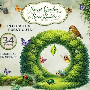 Puede incluir: Ilustración caprichosa con un arco de hojas verdes con diversas criaturas de jardín, incluyendo mariposas, abejas y un pájaro. El texto dice "Secret Garden Scene Builder" y "Interactive Fussy Cuts". Incluye 34 piezas para construir escenas mágicas de jardín.
