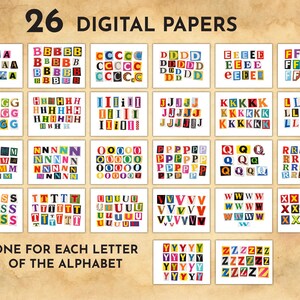 May include: A collection of 26 digital papers, each featuring a different letter of the alphabet. The letters are cut out from various colorful backgrounds. The text "26 DIGITAL PAPERS" and "ONE FOR EACH LETTER OF THE ALPHABET" are displayed.