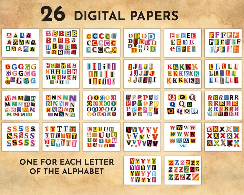 May include: A collection of 26 digital papers, each featuring a different letter of the alphabet. The letters are cut out from various colorful backgrounds. The text "26 DIGITAL PAPERS" and "ONE FOR EACH LETTER OF THE ALPHABET" are displayed.