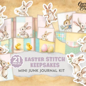 May include: An Easter-themed mini junk journal kit with 21 pieces. The kit features watercolor illustrations of bunnies, chicks, and Easter eggs. The color palette includes pastel pinks, blues, and yellows. The text on the image reads "Easter Stitch Keepsakes".