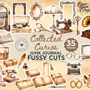 May include: A collection of 35 vintage-themed paper stickers featuring illustrations of a jukebox, record player, sewing machine, gramophone, typewriter, telephone, pocket watch, books, shoes, and various antique objects with the text Collected Curios.