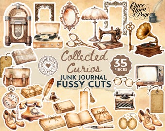 May include: A collection of 35 vintage-themed paper stickers featuring illustrations of a jukebox, record player, sewing machine, gramophone, typewriter, telephone, pocket watch, books, shoes, and various antique objects with the text Collected Curios.