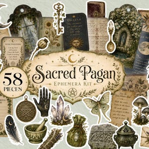 Sacred Pagan Junk Journal Ephemera, Printable Green Witch Kit, Moon Tarot Herbs Crystals, Cards & tags,  Digital Download Fussy Cuts